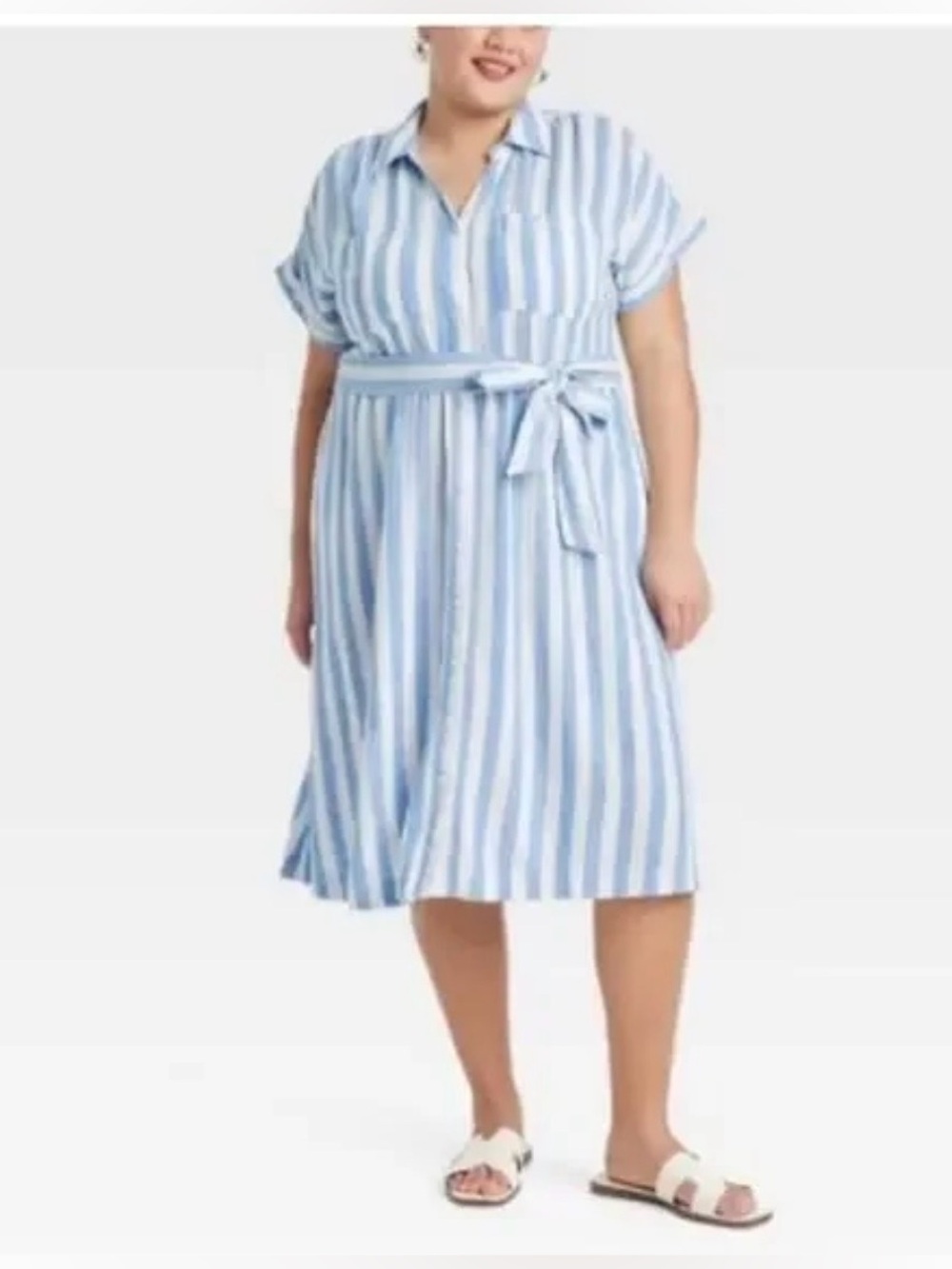 NWT Women’s Ava & VIV Striped Blue & White Shirt Dress w/ tie belt Sz 1X